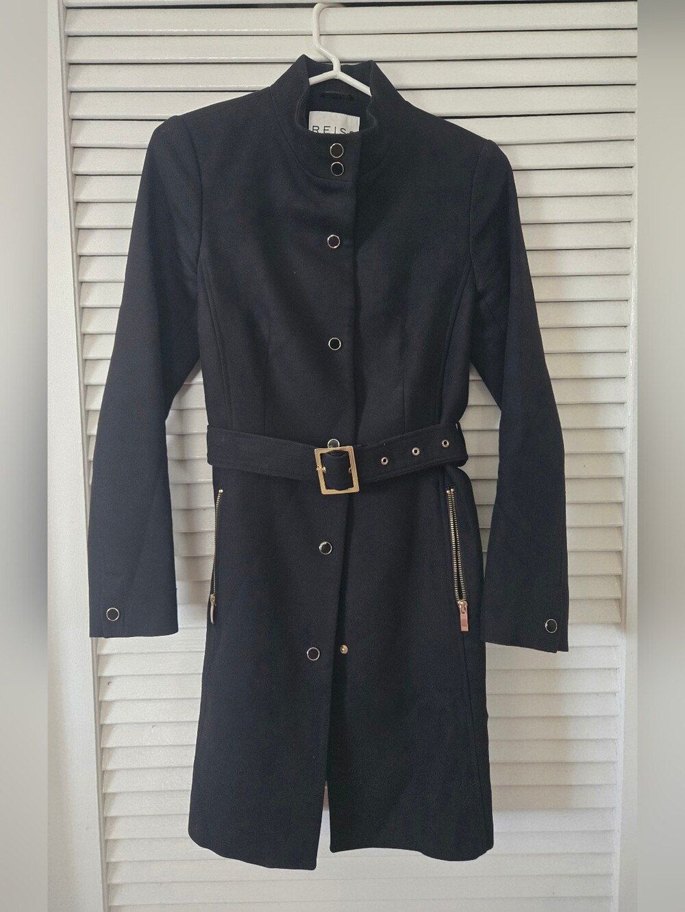 REISS XS Smart Midnight Black Belted Lined MARGO Gold Hardware Trench Coat